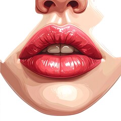 A vibrant, close-up digital illustration showcases luscious, glossy red lips with defined outlines, teeth, and subtle skin tones
