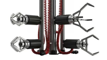 Set of industrial robotic gripper variations in chrome and metal style on vertical assembly rails