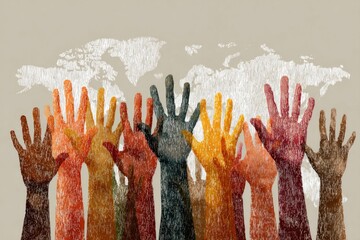 Illustration for Human Rights Day with raised hands of different skin colors and a world map in the background, December 10