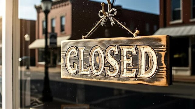 A rustic 'CLOSED' sign hangs on a store window, reflecting a quiet street.