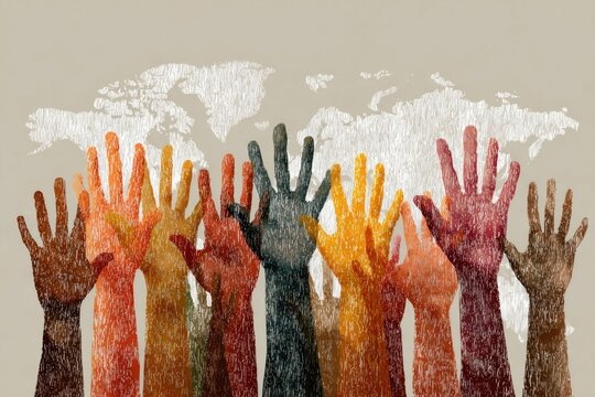 Illustration for Human Rights Day with raised hands of different skin colors and a world map in the background, December 10