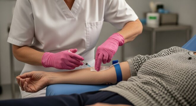 Phlebotomist Drawing Blood for Health Diagnostics. Medical worker in pink gloves taking a sample from patient's arm for laboratory analysis and routine screening.