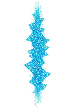 intricate, glowing cyan blue technical network structure with vertical, tessellating triangular cells and luminous nodes on a transparent background. concept of quantum computation