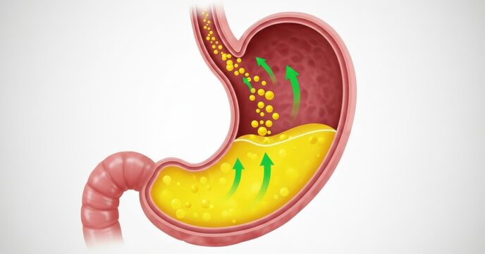 Acid Reflux Mechanism Illustration: Gastric Juice Flowing Up the Esophagus, Representing GERD and Heartburn Symptoms for Health Education.