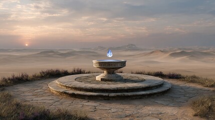 Glowing blue water droplet hovers above an ancient stone basin situated in a vast desert landscape at sunrise