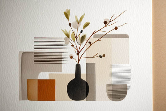 Minimalist Abstract Still Life With Decorative Vases: Modern Composition Featuring Ceramic And Clay Vessels With Stylized Leaves And Organic Shapes In Soft Neutral Tones