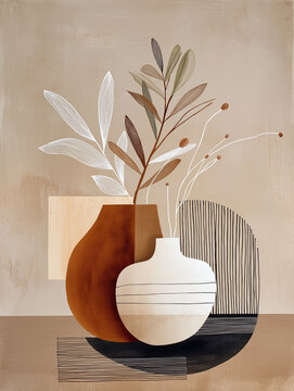 Minimalist Abstract Still Life With Decorative Vases: Modern Composition Featuring Ceramic And Clay Vessels With Stylized Leaves And Organic Shapes In Soft Neutral Tones