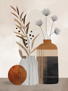 Minimalist Abstract Still Life With Decorative Vases: Modern Composition Featuring Ceramic And Clay Vessels With Stylized Leaves And Organic Shapes In Soft Neutral Tones
