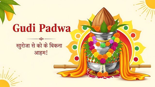 Gudi Padwa festival celebration with traditional decorated pot, flowers, and vibrant colors for Hindu New Year spring festival
