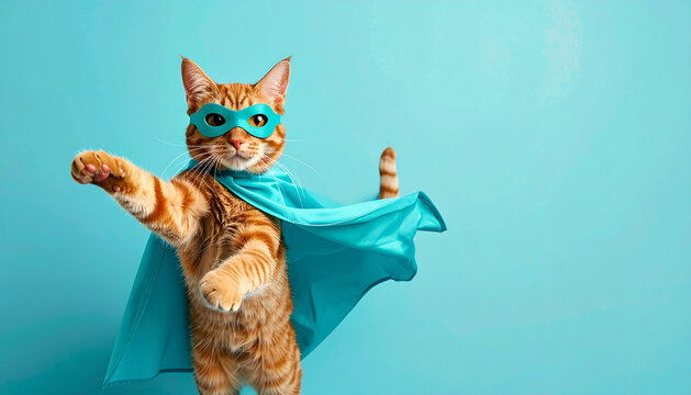 Cute orange tabby cat dressed as a superhero flying with cape and mask on blue background, fun creative animal concept.