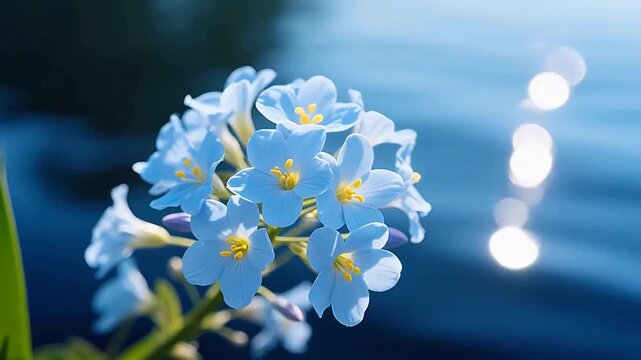 BlueFlowerswithYellowStamenoverReflectiveWater