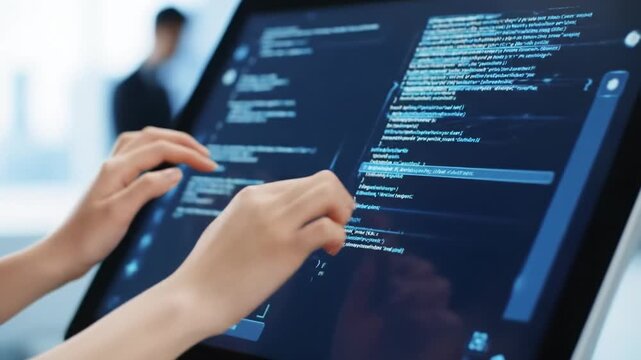 Extreme close-up on ambiguous hands precisely manipulating glowing 3D models and swiping data on a sleek multi-touch display in a blurred high-tech office. Concept of technological innovation