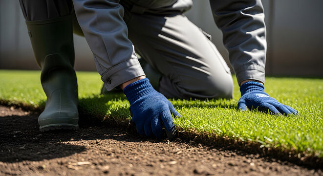 Professional landscaper installing new instant turf grass rolls | Close-up of worker laying fresh green sod on soil | Home garden improvement and lawn renovation project | Gardener wearing blue gloves