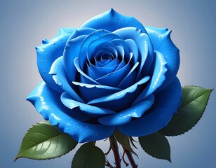 A vibrant close-up of a blue rose, meticulously detailed with water droplets and green leaves, against a gradient backdrop