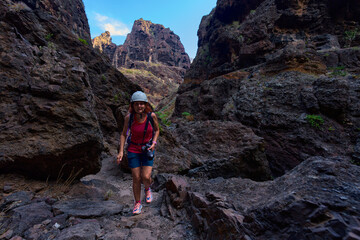 Woman hiker in Masca gorge, Tenerife