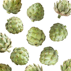 Obraz premium Fresh whole green artichokes isolated on white background, showcasing natural texture and detail, concept of healthy eating
