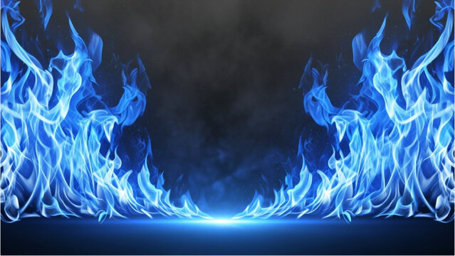 Fiery blue flames engulfing the stage with intense heat and energy from a dramatic viewpoint