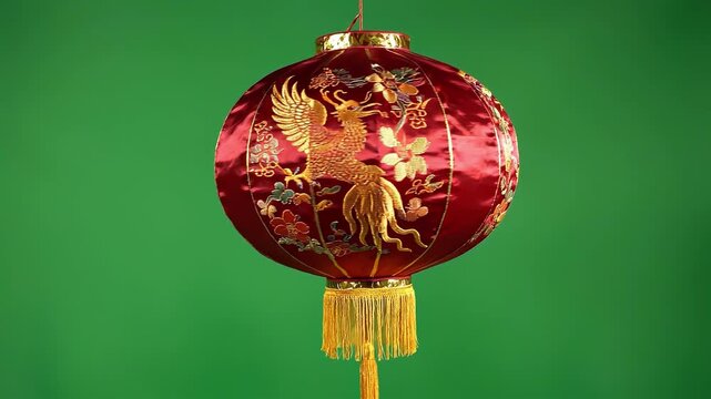 Red Silk Chinese Lantern With Golden Phoenix Tassel.