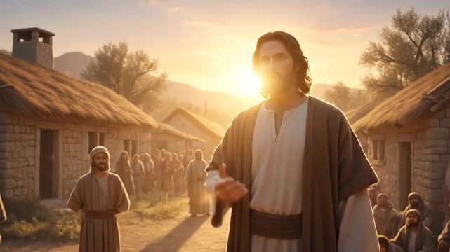Jesus Christ Teaching a Joyful Crowd in an Ancient Village Setting