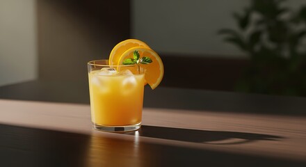 Glass of fresh orange juice on a dark background, symbolizing healthy drinks and natural nutrition.