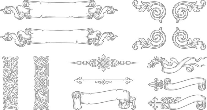 Elegant Ornate Decorative Elements Collection Featuring Vintage Scroll Banners, Flourishes, and Classic Design Accents for Various Projects