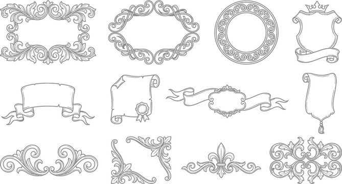 Sophisticated collection of classic ornate frames, decorative borders, antique banners, and intricate scrollwork vector elements