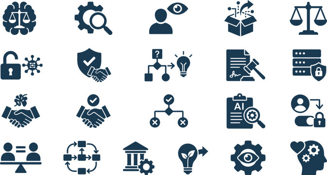 Vector icons for artificial intelligence ethics, data privacy, and governance, crucial for responsible technology and business development