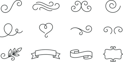 Elegant hand-drawn swirl flourishes and decorative design elements collection, perfect for enhancing borders, invitations, and typography with a vintage touch © Septarim