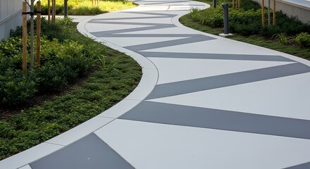 Curved concrete sidewalk with clean modern design and greenery, representing urban landscaping and pedestrian infrastructure.