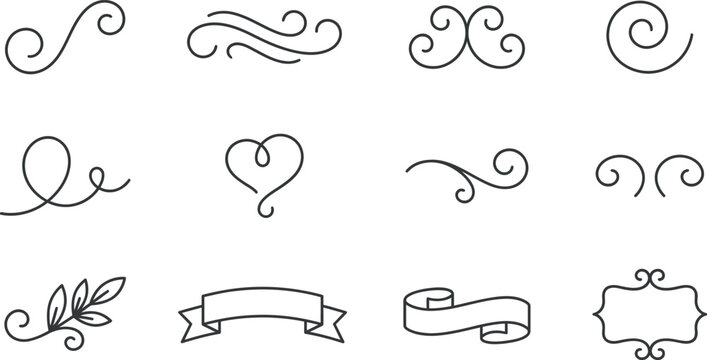 Elegant hand-drawn swirl flourishes and decorative design elements collection, perfect for enhancing borders, invitations, and typography with a vintage touch