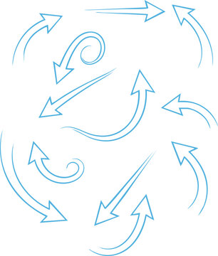 Set of Blue Arrows Showing Wind Air Flow, Isolated on White Background, Clean Flat Vector Symbols Illustrating Air Direction, Movement, and Flow for Weather and Design Use