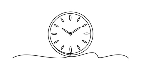 Minimalist continuous line art drawing depicting a simple analog clock Vector, illustration © RK Drawing Gallery