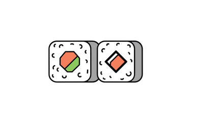 Obraz premium A simple and modern flat design icon of two maki sushi rolls with salmon and cucumber, a classic Japanese food illustration vector.
