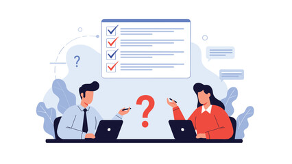 A flat vector illustration of a man and woman in a business meeting, collaborating to solve a problem and complete a project checklist.
