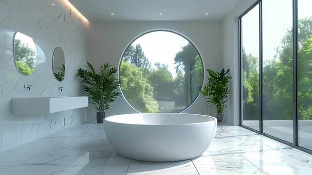 Modern Bathroom Interior with Freestanding Tub and Panoramic Nature View - Luxury Wellness Space