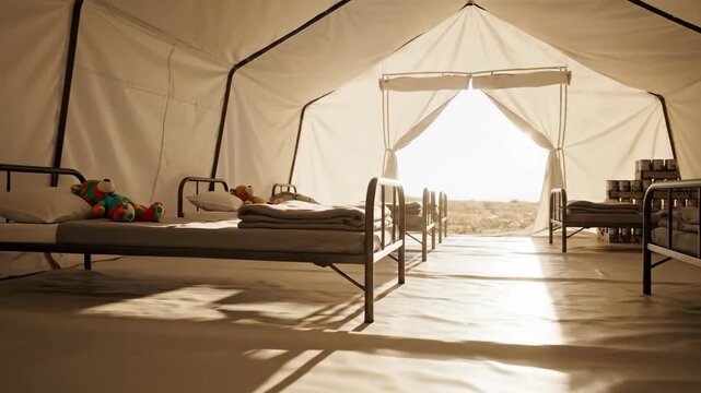 Refugee camp with beds and stuffed animal toys, illustrating humanitarian aid and temporary shelter for displaced people.