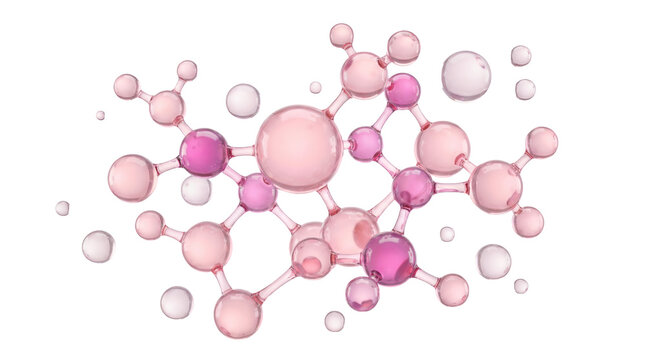 Abstract molecular structure in pink glass style with floating spheres and connected atoms.