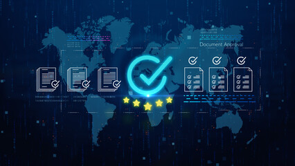 Naklejka premium Digital document approval system with check marks and global network background, representing data verification, compliance, and secure workflow. Business and technology background 3D rendering