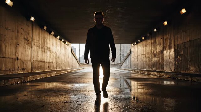 Silhouette of a man walking out of a dark tunnel into the light at different stages of his journey. Progression and hope concept.