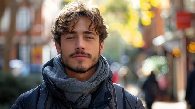 Young man walking in city street, bundled up in winter coat and scarf, looking ahead with purpose and determination.