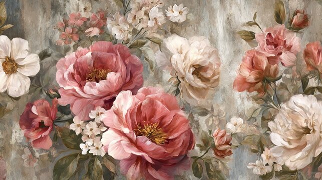 Vintage floral wallpaper with delicate pastel pink and blue botanical patterns for interior design.