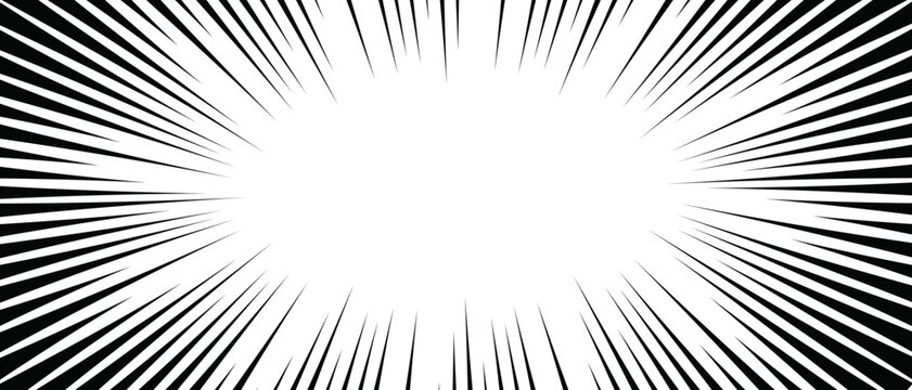 Comic background with radial speed rays and light beams in a comic book style. Manga and anime explosion effects. Pop art rays superhero background. Dynamic cartoon black and white wallpaper.