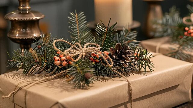 Rustic Gift Wrapping with Pine Branch and Berries - Natural Holiday Decor and Festive Presentation Concept