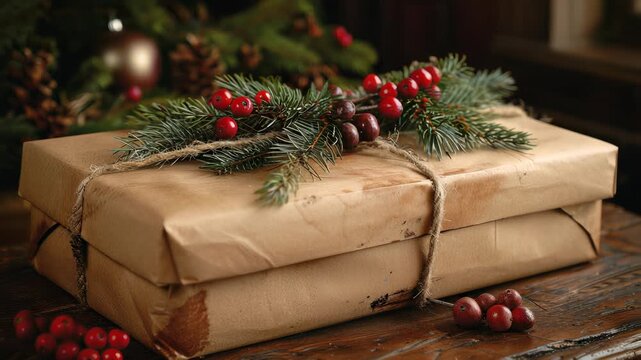 Rustic Wrapped Gift with Twine and Berries - Natural Holiday Packaging and Decoration Concept