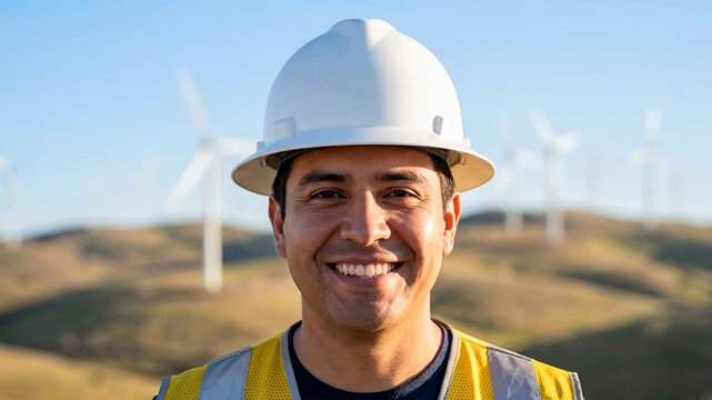 A worker wearing a helmet and reflective vest smiles while standing outdoors near wind turbines on a sunny day. The renewable energy field is in the background with hills