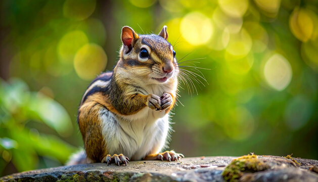 Cute chipmunk portrait sitting upright with full cheeks, adorable wildlife animal in natural green background.