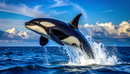 Fototapeta premium Powerful orca breaching from the deep blue ocean, dramatic marine wildlife action under bright sky.