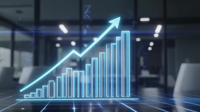 Realistic cinematic AI video of corporate business growth concept, 3D financial graph chart 