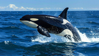 Fototapeta premium Powerful orca breaching from the deep blue ocean, dramatic marine wildlife action under bright sky.