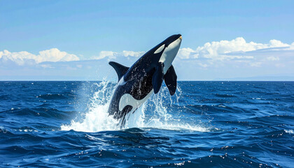 Fototapeta premium Powerful orca breaching from the deep blue ocean, dramatic marine wildlife action under bright sky.